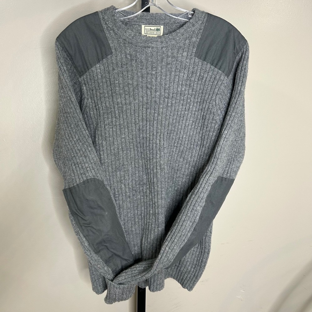 LL Bean Mens Commando Sweater Gray Merino Lambswool Ribbed Elbow Patch L-REG